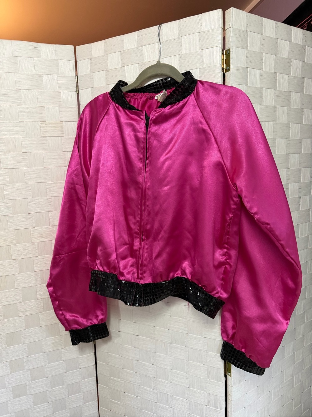Halloween Pink Satin Bomber Jacket with Sequin Trim - Picture 3 of 6